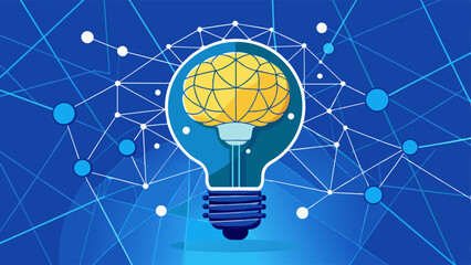 Wall Mural - Brain in a lightbulb from lines and triangles, point connecting network on blue background. Illustration vector