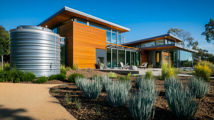 A modern home showcases water-saving technology with sleek architecture and a sustainable landscape featuring native plants and a rainwater tank