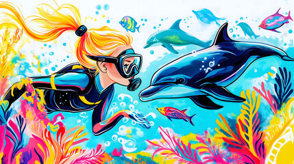 Wall Mural - Woman diving and swimming with dolphins, painting