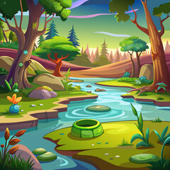 Wall Mural - Forest swamp cartoon vector game landscape scene. Fantasy lake with waste water and marsh scenery. Dirty toxic environment in park 2d wild location wallpaper. Summer adventure fairytale world