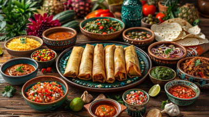 Canvas Print - Three tortillas with meat and cheese on top of a plate. The plate is on a wooden table