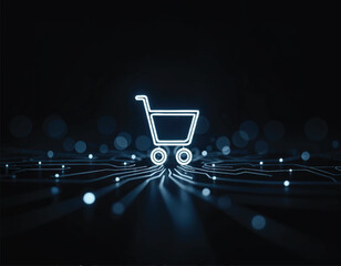 a shopping cart with a glowing neon lines with bokeh and interconnected lines and dots on background
