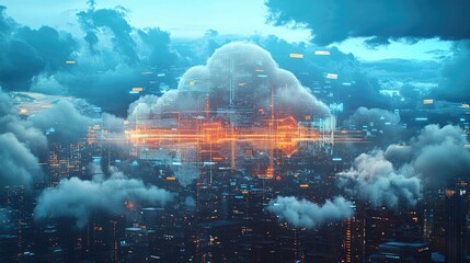 Poster - Cloud computing and data exchange between cities across the globe, showcasing virtualization and the future of technology