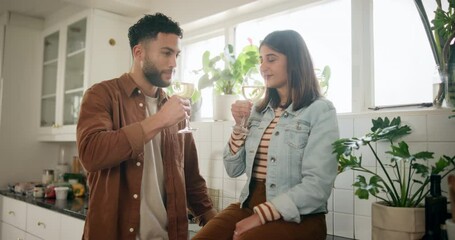 Poster - Wine, toast and happy couple in kitchen for date, dinner or lunch in home together. Smile, man and woman drinking alcohol beverage for cheers, drink aroma or bonding for afternoon meal or anniversary