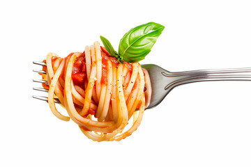 Spaghetti on fork on white background.