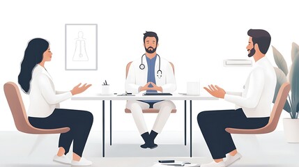 Doctor and patient sitting at table. Vector illustration in cartoon style.