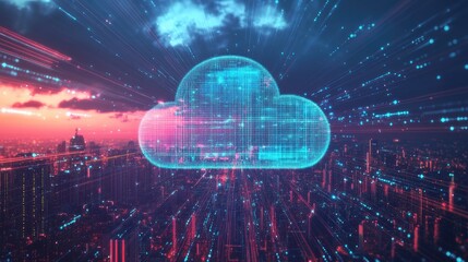 Poster - Cloud computing concept with digital data transferring across cityscapes and global networks, highlighting virtualization in a tech-driven world.