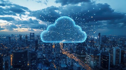 Poster - Cloud computing concept with digital data transferring across cityscapes and global networks, highlighting virtualization in a tech-driven world.