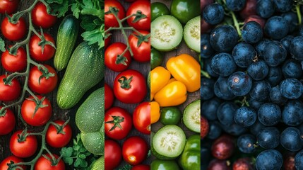 Sticker - Fresh vegetables and fruits display vibrant colors and textures. This image captures ripe tomatoes, cucumbers, and blueberries. Perfect for nutrition, cooking, or healthy living themes. AI