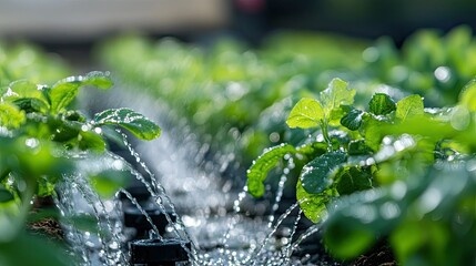 Close-up of an automated irrigation system watering crops in a smart farm