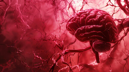 Wall Mural - A brain is shown in red with a lot of blood vessels surrounding it