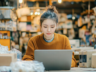 Wall Mural - A woman is sitting at a table with a laptop in front of her