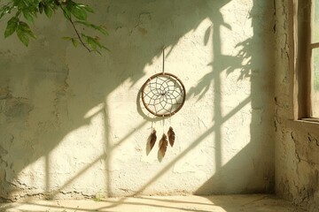 A peaceful dreamcatcher casts shadows on the wall, symbolizing protection and tranquility in a serene indoor environment.