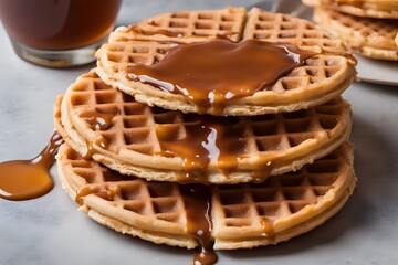 A Dutch stroopwafel cookie with caramel syrup oozing between two thin waffles, Ai Generated