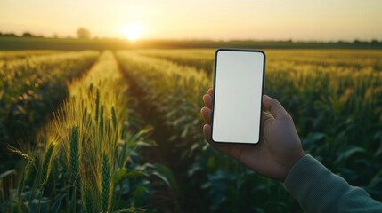 Wall Mural - Farmer Holding Smartphone with blank screen mockup in a Green Wheat Field at Sunset