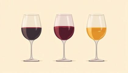 three wine glasses filled with red and white wine. vector illustration. isolated on white background