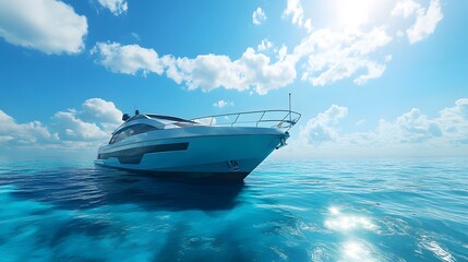 A sleek, modern yacht gliding through clear blue waters under a bright sky. Gentle waves ripple behind the yacht as it cuts through the ocean. 