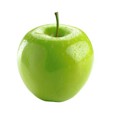 A fresh, glossy green apple with water droplets, isolated on a white background. Perfect for healthy eating and fruit concept designs.