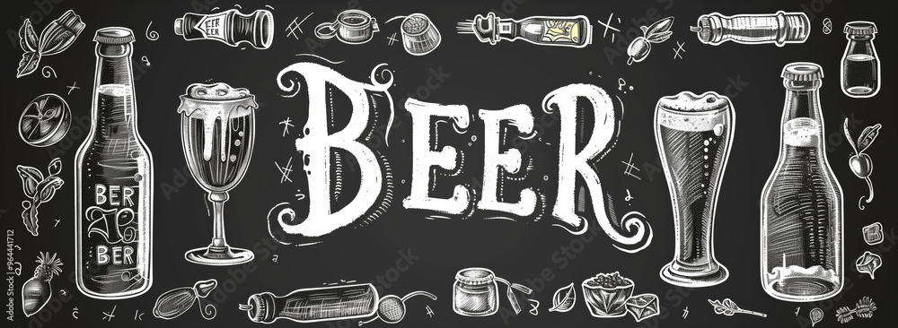 Black and white drawing of beer bottles with the word beer written in ...