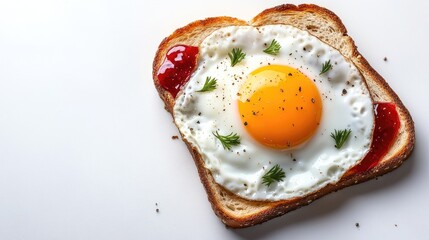 Enticing fried egg on toast with colorful spreads like olives and jam, isolated on a plain background with generous room for text.