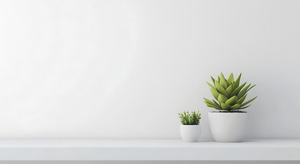 White shelf with a plant in a pot on a white wall background.