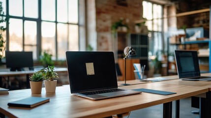 Wall Mural - Laptop on a Wooden Desk in a Modern Office