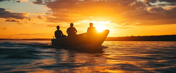 Silhouettes of three people in a boat on a lake at sunset.