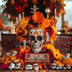 Wall Mural - Mexican skull with flowers: an iconic representation of dia de muertos, showcasing the rich cultural heritage and deep significance of this festival dedicated to remembering the departed. 