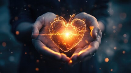 Glowing human heart cupped in hands with rays of light beaming out, symbolizing energy and futuristic medical innovation in cardiovascular health.