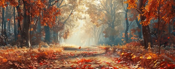 Wall Mural - Forest glade with scattered autumn leaves