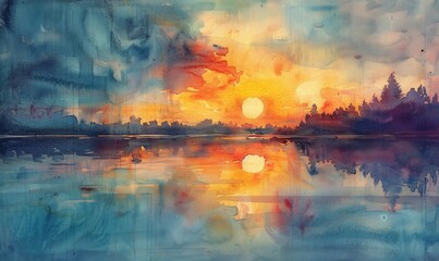 Canvas Print - A painting of a sunset with a reflection of the sun on the water. The mood of the painting is serene and peaceful