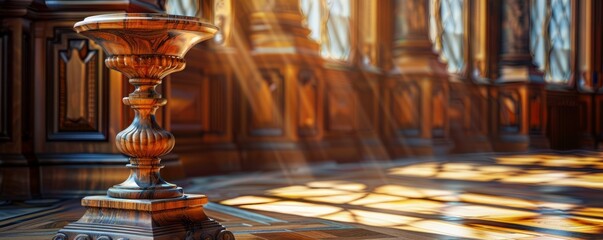 Vintage wooden pedestal with ornate details, spotlighted by warm, natural light.