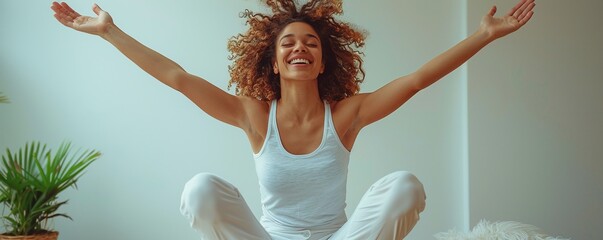 A woman jumping for joy, arms raised and feet off the ground, celebrating a successful achievement against a white backdrop. 4K hyperrealistic photo.