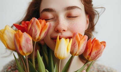 A person with a delighted smile, holding a bouquet of vibrant tulips and inhaling their sweet fragrance with closed eyes against a white backdrop. 4K hyperrealistic photo.