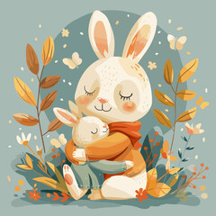 Poster - Cute cartoon rabbit with his mother in the forest. Vector illustration.