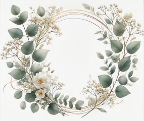 Wall Mural - An elegant watercolor-style illustration of an oval-shaped muted green eucalyptus leaves frame