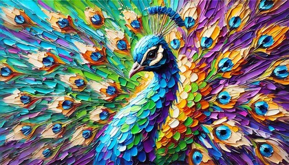 Wall Mural - An oil painting of a peacock using thick, impasto brush strokes