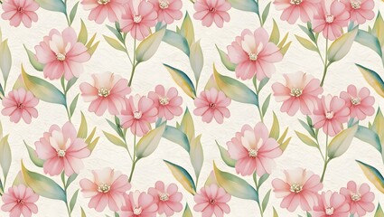 Naklejka na meble Watercolor painting with a seamless pattern Pastel pink flowers and light green leaves on a cream background.