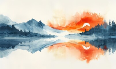 Wall Mural - A painting of a mountain range with a sun in the sky. The sun is orange and the mountains are blue. The painting has a peaceful and serene mood