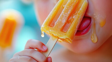 Wall Mural - Close-Up of Child Enjoying Melting Orange Popsicle