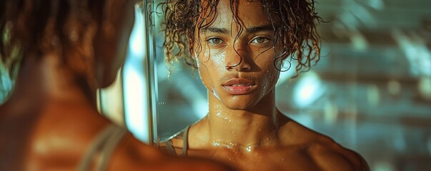 A dancer rehearsing in front of a mirror, face focused and determined to perfect every step.