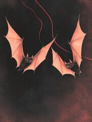 Vertical Halloween banner or card with two bats on a dark background. postcard, illustration