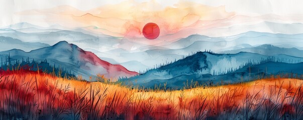 Wall Mural - Watercolor abstract sunset over fields on white.