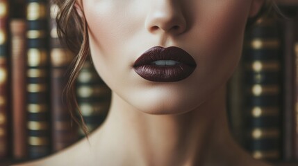 Poster - Elegant Portrait of Woman with Dark Lips and Books