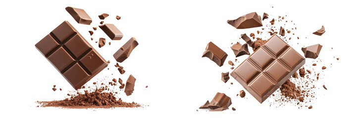 Wall Mural - Delicious chocolate bar pieces exploding with cocoa splatter