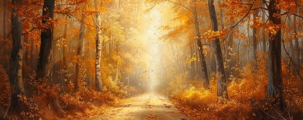 Wall Mural - Pathway through a golden autumn forest