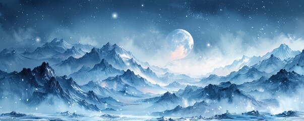 Wall Mural - Abstract snowy landscape with moon and stars in watercolor on white.