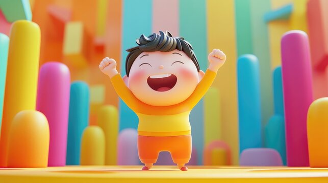 Joyful cartoon character in 3D style, fist raised in celebration, radiating happiness and excitement in a playful and colorful environment.