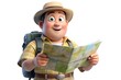 © AVI3D - 3D cartoon traveler exploring map with backpack and hat on sunny day