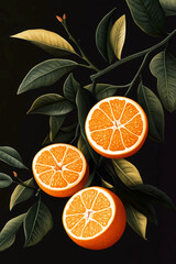 Wall Mural - Orange tree branch with oranges sliced and whole fruit on dark background.